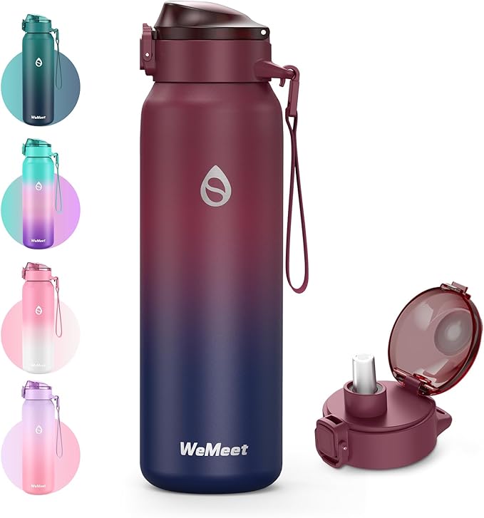 32oz Water Bottle with Removable Straw and Spout Lid Two Ways to Drink, 18/10 Stainless Steel Insulated Water Bottle, BPA-Free, Leak Proof, Double wall, for Sports, Gym