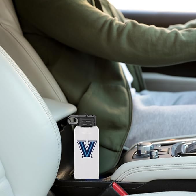 Villanova University Wildcats 32oz Stainless Steel Double Walled White Beverage Bottle with Flip Straw Spout - College Gear for Playoff Season – For Office, Home or Auto – Show your Wildcat Pride