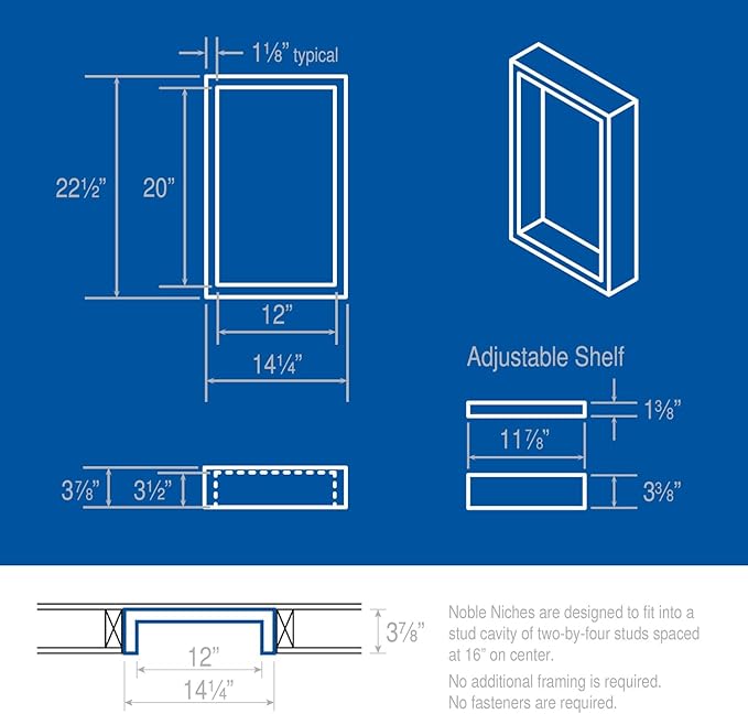 Noble Pre-Formed Rectangular Shower Niche 314 12"x20" with Adjustable Shelf Easy Install Water-Resistant Bathroom Storage Shelf Modern Design for Shower Essentials Durable and Stylish Organizer