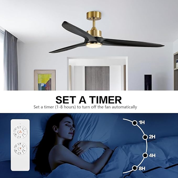 WINGBO Ceiling Fan, 60 Inch DC, 3 Wood Blades, Brass Finish, Remote Control, Reversible, LED Light, ETL Listed