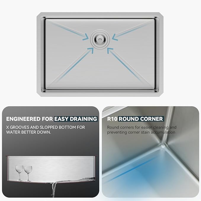 Lordear 27 Undermount Kitchen Sink 27X18 Inch Deep Single Bowl 16 Gauge Stainless Steel R10 Round Corner Under Counter Handmade Kitchen Sink Basin