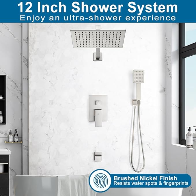 POP SANITARYWARE Shower Tub Faucet Set Brushed Nickel Bathroom Shower System with Tub Spout Wall Mounted Rainfall 12 Inch Thickened Shower Head and Handle Set Include Shower Valve and Trim Kit