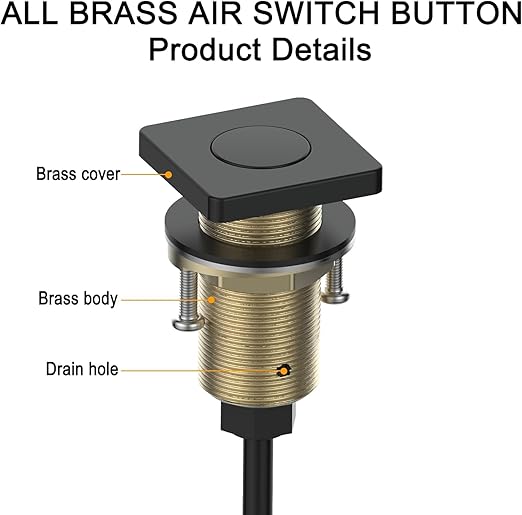 Garbage Disposal Switch, Cordless Air Switch Kit for Food Waste Disposer, Brass Material Matte Black Finish,Long Sink Top Push Button