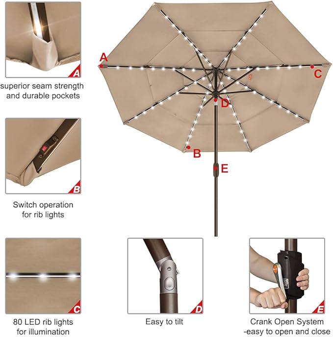 EliteShade USA 10-Year-Non-Fading Solar 9ft 3 Tiers Market Umbrella with 80 LED Lights Patio Umbrellas Outdoor Table with Ventilation,Heather Beige