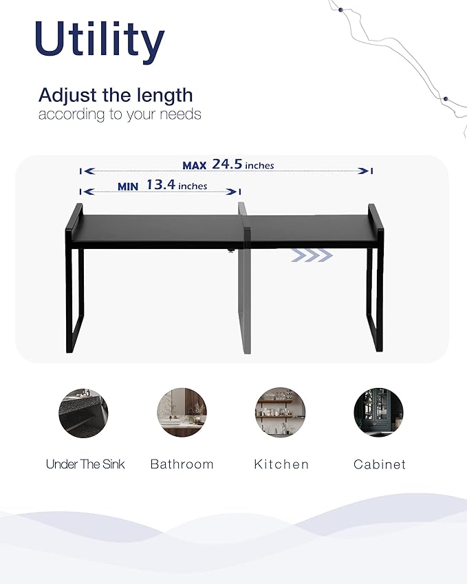 Nxconsu Expandable Cabinet Shelf Organizer Riser for Kitchen Pantry Cupboard Under Sink Countertop Home Storage Organization Rack Space Saver Freestanding Heavy Duty Nonslip Stackable Black Large