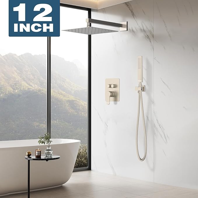 Rainfall Shower System, 12 inch Wall Mounted Rain Shower Head with Handheld Spray, Push Button Diverter 2 Functions Simultaneous Use, Shower Faucet Set Rough-In Valve Includ, Brushed Nickel