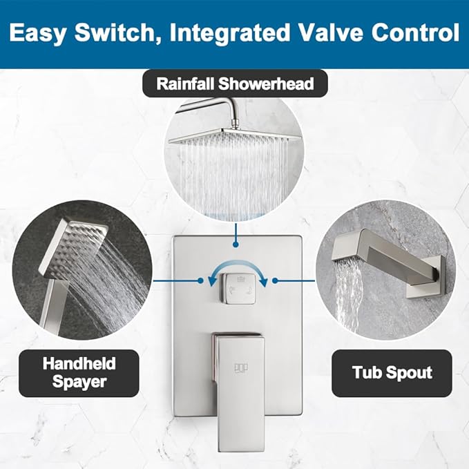 POP SANITARYWARE Shower Tub Faucet Set Brushed Nickel Bathroom Rain Shower System with Tub Spout Wall Mounted Rainfall 10 Inch Thickened Shower Head and Handle Set Include Shower Valve and Trim Kit