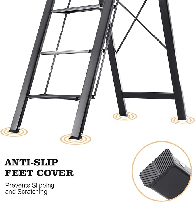KINGRACK Aluminium 5 Step Ladder, Lightweight Step Stool with Non-Slip Pedals, Handrail, Folding Step Ladder for Kitchen, Garage, Home, Space Saving, Sturdy and Portable, Black