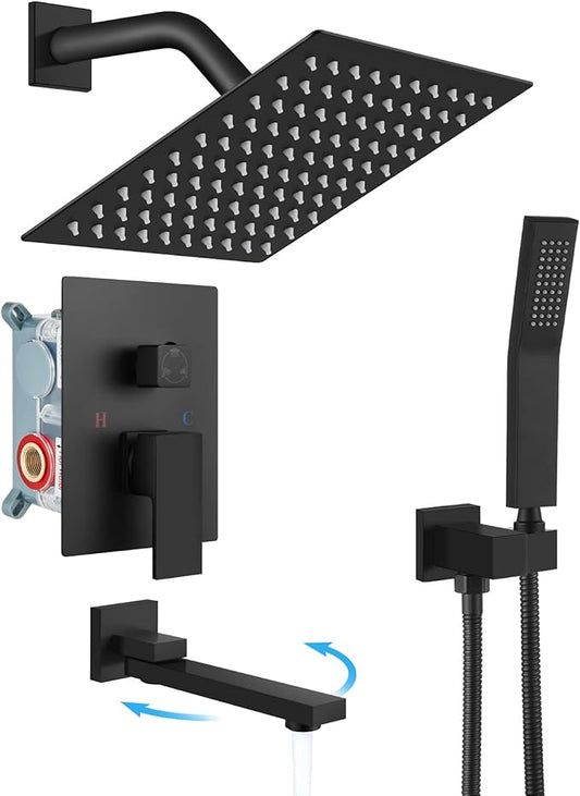 gotonovo Rainfall Tub Shower Faucet Set Bathroom Shower System with Tub Spout Wall Mount Square High Pressure Shower Fixtures with Handheld Sprayer Rough-In Valve 8'' Shower Head,Matte Black