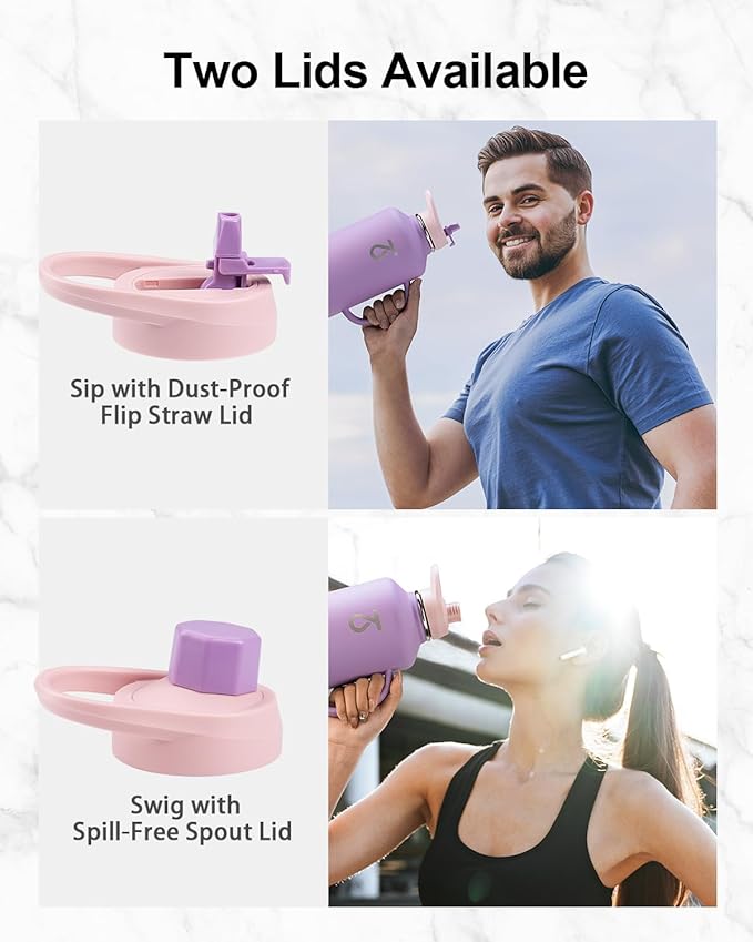 Trebo Half Gallon Water Bottle Insulated with Handle,64 oz Double Wall Stainless Steel Metal Large Jug,Travel Flask with Straw Spout Lid,Mug Tumbler Cup with Carry Pouch,Keep Cold Hot, Purple