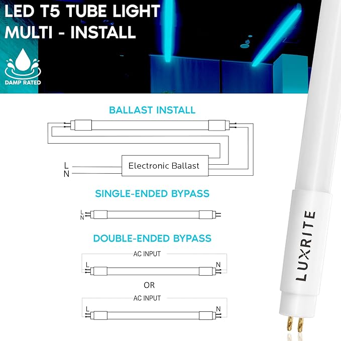 LUXRITE 30-Pack 4FT T5 LED Tube Lights, Type A+B, 24W=54W, 5000K Bright White, 45.78", Ballast and Ballast Bypass Compatible, Single or Double End Powered, F54T5 Fluorescent Replacement, Damp Rated
