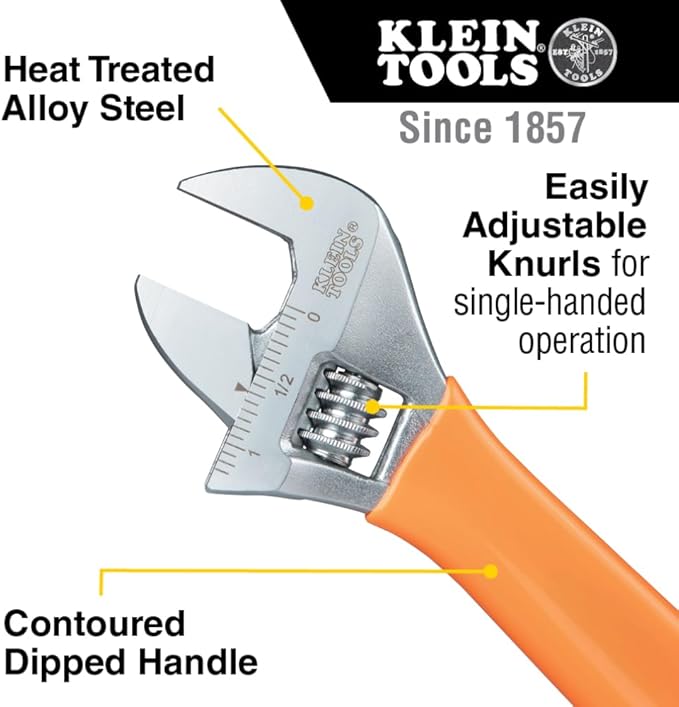 Klein Tools O5078 Adjustable Wrench, Precision Forged 1 1/2-Inch Extra-Capacity Jaw, SAE and Metric Scales, Plastic-Dipped Handle, 8-Inch
