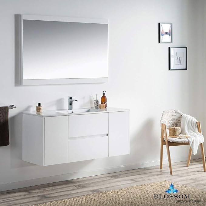 Blossom Single Bathroom Vanity with Ceramic Sink and Mirror | All Wood Floating Vanity Cabinet | 2 Doors and Soft-Closing U-Shaped Cutout Drawers| 48" w/Ceramic Sink and Mirror, Glossy White