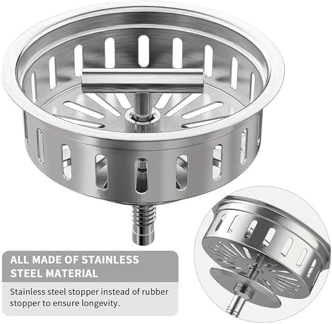 KONE Kitchen Sink Drain Sink Strainer 3-1/2 Inch Drain Assembly Kit Replacement for Universal 3.5 Inch Kitchen Sink, All Stainless Steel Body with Strainer Basket and Drain Stopper (9171，Stainless)