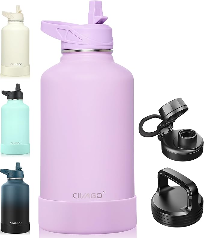 CIVAGO 64 oz Insulated Water Bottle With Straw, Half Gallon Stainless Steel Sports Water Flask Jug with 3 Lids (Straw, Spout and Handle Lid), Large Metal Thermal Cup Mug, Lavender