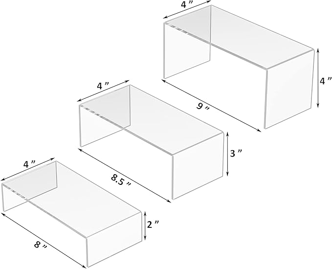 Clear Riser Shelf 3pcs, Desktop Rectangular Acrylic Display Shelves Organizer, Acrylic Stands for Funko Pop Figure, Perfumes, Bags, Shoes, Glasses, Plants, Toys, Collectibles - 8''x8.5''x9''