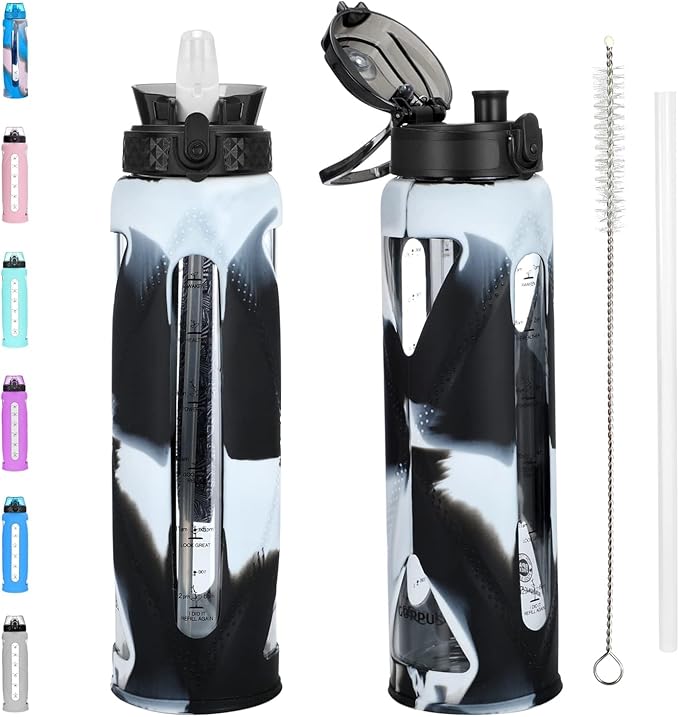 GOPPUS Glass Water Bottles with Straw and Flip Lid, Motivational Water Bottles with Time Marker Reminder and Silicone Sleeve, Leakproof, BPA Free (32 oz, Black and White)