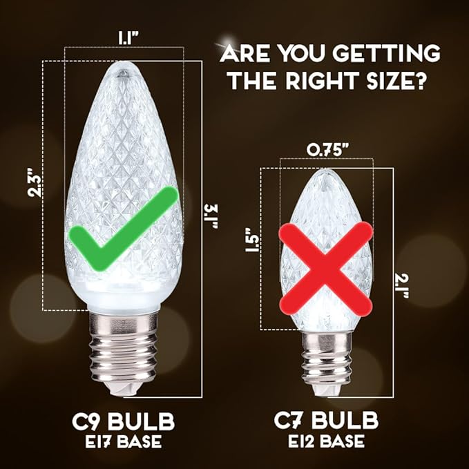 HLO Lighting Set of 25 Cool White C9 Faceted LED Christmas Light Bulbs for Indoor & Outdoor Use | Durable Replacement Bulbs
