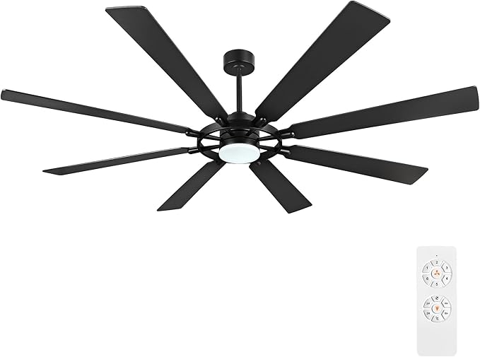 72" Ceiling Fan with Lights and Remote Control, Wood 8 Blades 6-Speed Noiseless Reversible DC Motor, 3 Downrods, Modern Large Ceiling fan for Covered Patio Bedroom Dining Living Room, Black