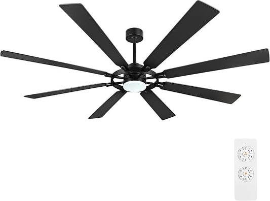 72" Ceiling Fan with Lights and Remote Control, Wood 8 Blades 6-Speed Noiseless Reversible DC Motor, 3 Downrods, Modern Large Ceiling fan for Covered Patio Bedroom Dining Living Room, Black