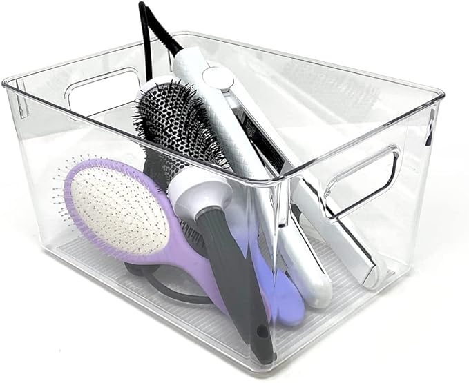 Isaac Jacobs 3-Pack Large Clear Storage Bins with Handles, Plastic Organizer for Home, Room, Office, Fridge, Kitchen/Pantry Non-Slip Container Set, Food Safe, BPA Free (3-Pack, Large)