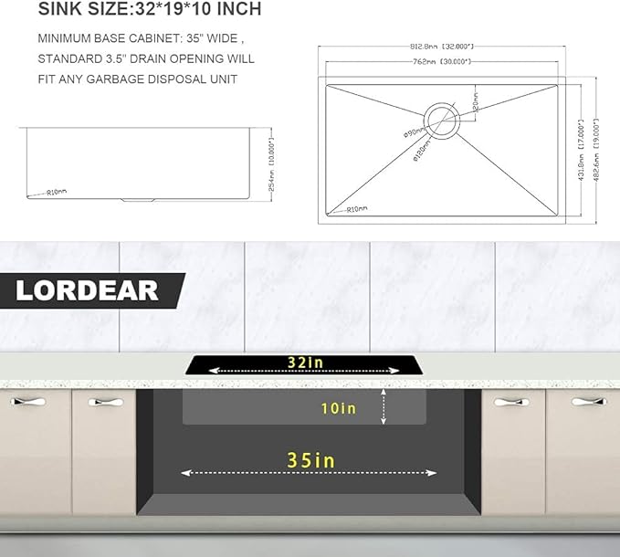 32 Undermount Kitchen Sink - Lordear 32x19 Inch Undermount Sinks Stainless Steel 16 Gauge Single Bowl Under Counter Basin Round Corner Handmade Sinks