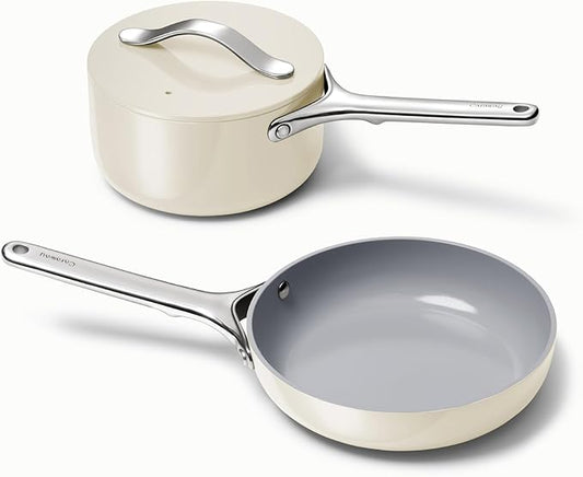 Caraway Mini Cookware Set - Non-Stick Ceramic Fry Pan (1.05 qt, 8") & Sauce Pan (1.75 qt) - Non Toxic, PTFE & PFOA Free - Oven Safe & Stovetop Agnostic (Gas, Electric & Induction) - Cream