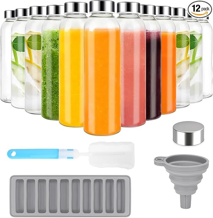 Glass Juice Bottles with Lids for Juicing 18 oz, Reusable Clear Glass Water Bottles with Stainless Steel Airtight Cap for Refrigerator, 100% Leak Proof, BPA Free, Set of 12