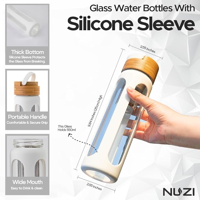 NUZI Glass Water Bottles with Stainless Steel Fruit Infuser | Insulated Water Bottle | Reusable Glass Water Bottles with Silicone Sleeve & Bamboo Lid | BPA Free and Leakproof | White | 1 Pc