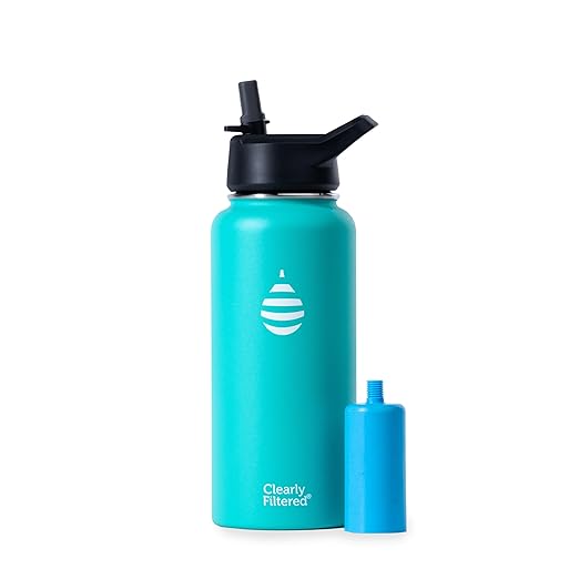 Clearly Filtered 32oz Water Bottle/Targets 220+ Contaminants/Double-Wall Insulated Stainless Steel Filtered Water Bottle BPA/BPS-Free Phthalate-Free Filters Fluoride Lead Chlorine (Teal Blue)