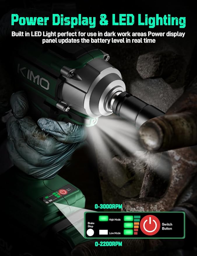 KIMO Impact Wrench 1/2, Max Torque 406ft-lbs (550N.m) & 3000RPM /Premium Brake Stop, 9-Piece Drill & Serewdriver Set, 4 Sockets, Cordless Impact Wrench with 2x4.0Ah Battery, Impact Driver for CarTires