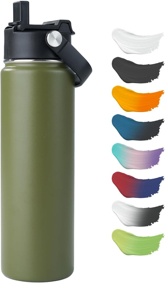 Kerilyn Stainless Steel Insulated Water Bottle, 24oz Double Wall Vacuum Insulated Water Bottle Leak Proof with Silicone Straw, Wide Mouth Lid, BPA Free, Keep Cold and Hot, 24oz, Army Green