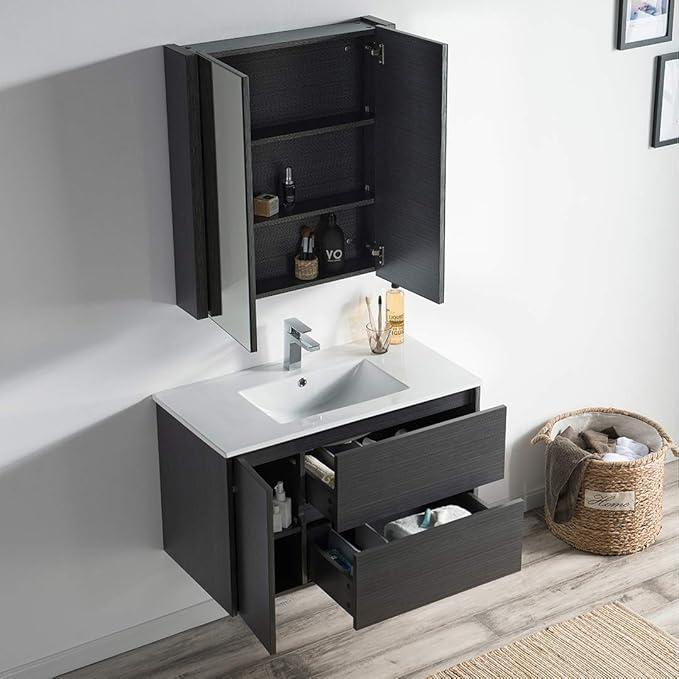 Blossom Single Bathroom Vanity with Ceramic Sink and Mirror Medicine Cabinet | All Wood Floating Vanity Cabinet | 2 Soft-Closing U-Shaped Cutout Drawers | 36 inch, Silver Grey