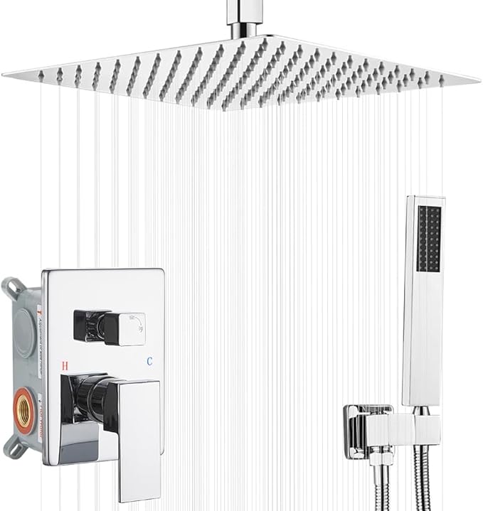 12 Inch Ceiling Mount ‎Polished Chrome Shower System Bathroom Luxury Rain Mixer Shower Combo Set Ceiling Rainfall Shower Head System (Contain Shower Faucet Rough-in Valve Body and Trim)