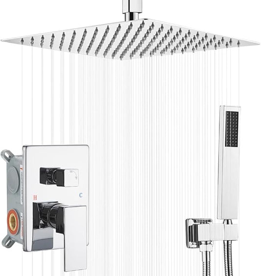 12 Inch Ceiling Mount ‎Polished Chrome Shower System Bathroom Luxury Rain Mixer Shower Combo Set Ceiling Rainfall Shower Head System (Contain Shower Faucet Rough-in Valve Body and Trim)