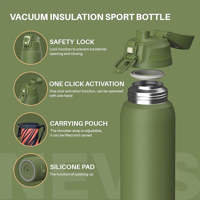 Insulated Sports Water Bottle, Stainless Steel Water Bottles with Locking Flip Top Lid, Insulated Bottle with Double-Wall Vacuum Insulation for Fitness and Outdoor Enthusiasts