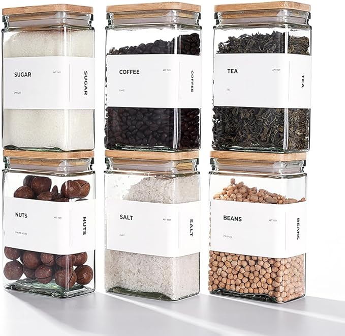 27 oz Glass Storage Jars with Bamboo Lid, set of 6, glass canisters with airtight lids, Clear jars with lids for Cookie, Candy, Tea, Coffee Bean and Rice (White)