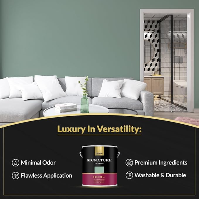 EVOLVE Signature Paint & Primer: Luxury Paint & Primer for Indoor & Outdoor Surfaces, Minimal Odor, Eggshell Sheen (Pistachio Green, 1 Gallon)