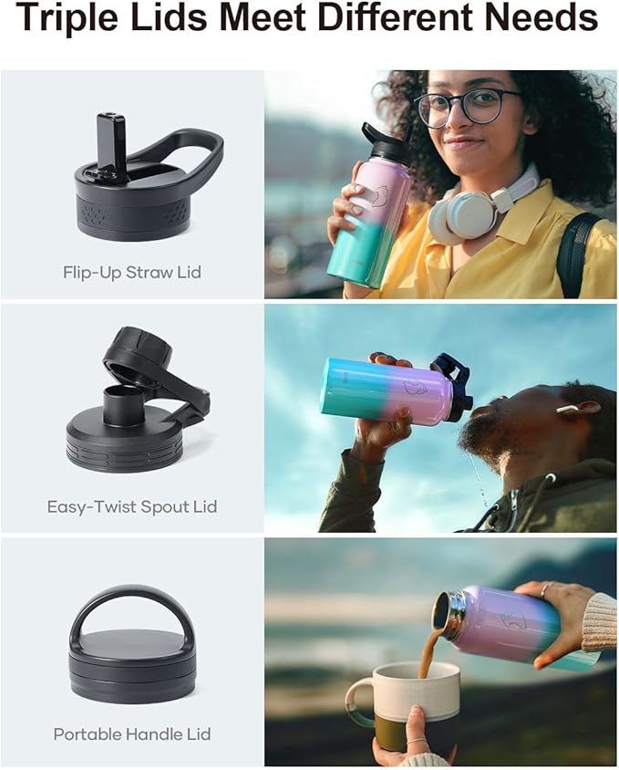 BUZIO Water Bottle with Straw lid, Spout Lid, Hand Lid and Carrying Pouch, 32oz 40oz 64oz Stainless Steel Water Flask Jug, Cold for 48 Hrs Hot for 24 Hrs Double Vacuum Thermo Canteen Mug, BPA-Free