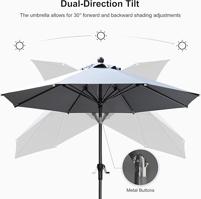 PURPLE LEAF 10' Round Patio Umbrella Outdoor Table Umbrella Aluminum Frame Market Umbrella Sun Umbrella with 8 Sturdy Ribs & Tilt for Garden Deck Lawn & Pool Light Gray