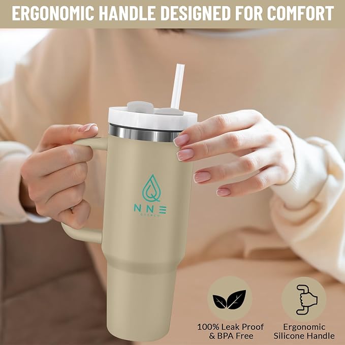 40oz stainless Steel Insulated Tumbler with Handle, lid and straw for cold water, Iced tea, or coffee - 100% Leak-Proof - Cupholder Friendly Travel Mug- Gifts for Women Men Him Her (Brown)