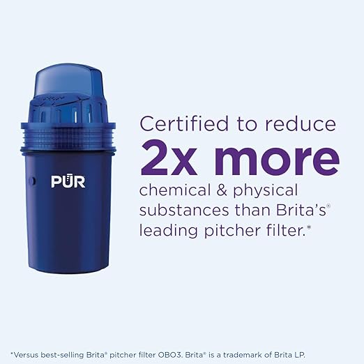 PUR 11-Cup Water Pitcher with 1 Genuine PUR Filter, 2-in-1 Faster Filtration, Dishwasher Safe, Filter Change Light, Easy Fill Lid, LockFit lid, Blue/White (CR1100C)