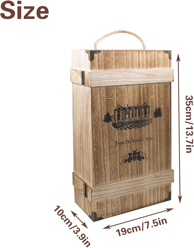 JINGHANGER Double Bottle Wooden Decorative Wine Box,Wine Gift Box Bottle Box Wine Storage Box with Handle Rope for Gifts DIY Crafts Birthday Party Wedding,for Standard 750ml Wine Storage,13.78 x 4 in