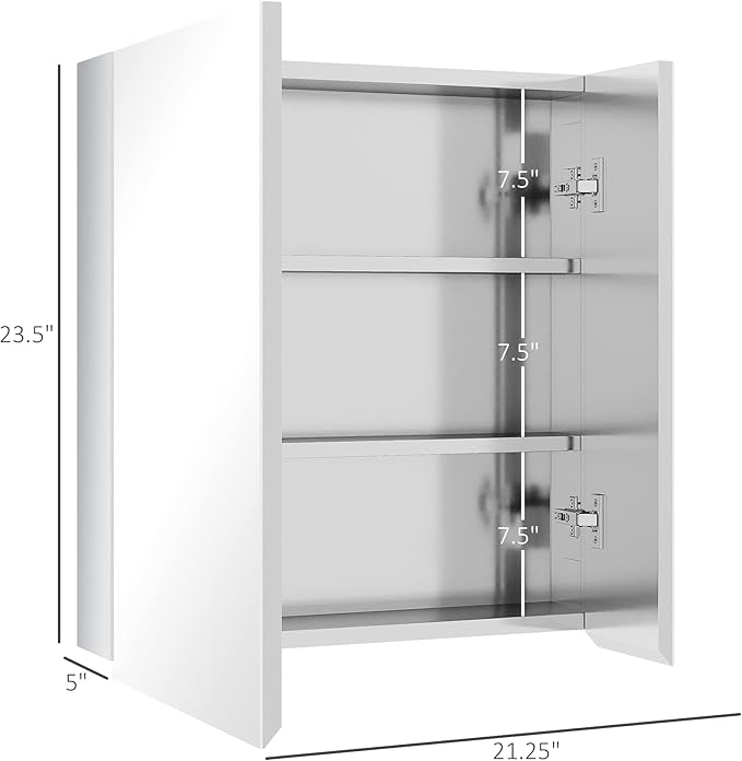 kleankin Wall-Mounted Medicine Cabinet with Mirror, Bathroom Mirror Cabinet Wall Mounted with Hinged Door, Storage Shelves for Living Room and Laundry Room, 21" x 24", Silver