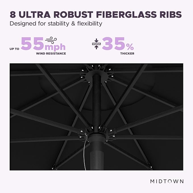 Midtown Umbrellas Push and Pop 10 Feet Outdoor Umbrella, Ebony (Black) Polyester Fabric - Fiberglass Ribs Deck Patio Umbrella, Backyard Umbrella, Garden Umbrella & Pool Umbrella - Black Pole