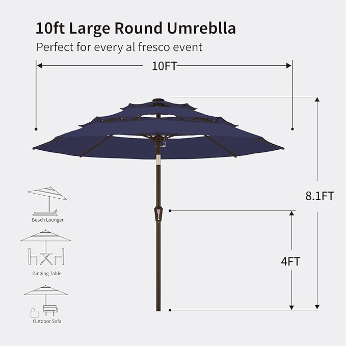 Kingdura 9ft 3-Tier Patio Umbrella, Outdoor Table Umbrella with Easy Crank & Tilt, 8 Reinforced Ribs, UV Protection for Deck, Pool, Market, Backyard (Navy blue)
