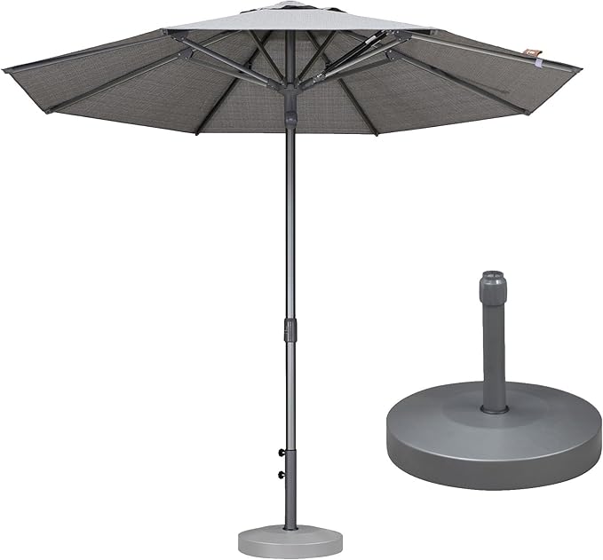 PURPLE LEAF 9 FT Semi-Auto Outdoor Patio Umbrella with Base Market Table Sun Umbrellas with 8 Aluminum Sturdy Ribs for Backyard Deck Garden Pool (Gray Pole Gray Canopy)