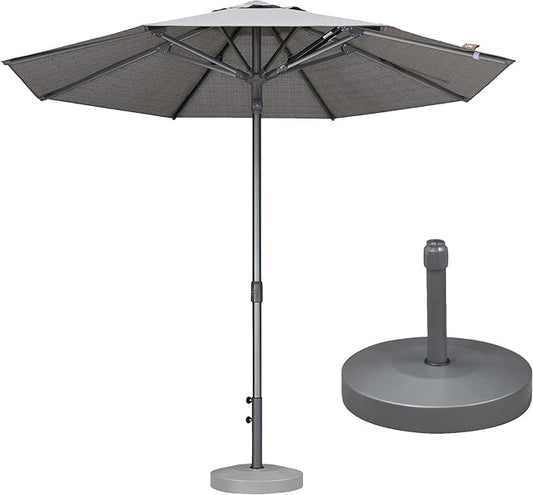 PURPLE LEAF 9 FT Semi-Auto Outdoor Patio Umbrella with Base Market Table Sun Umbrellas with 8 Aluminum Sturdy Ribs for Backyard Deck Garden Pool (Gray Pole Gray Canopy)