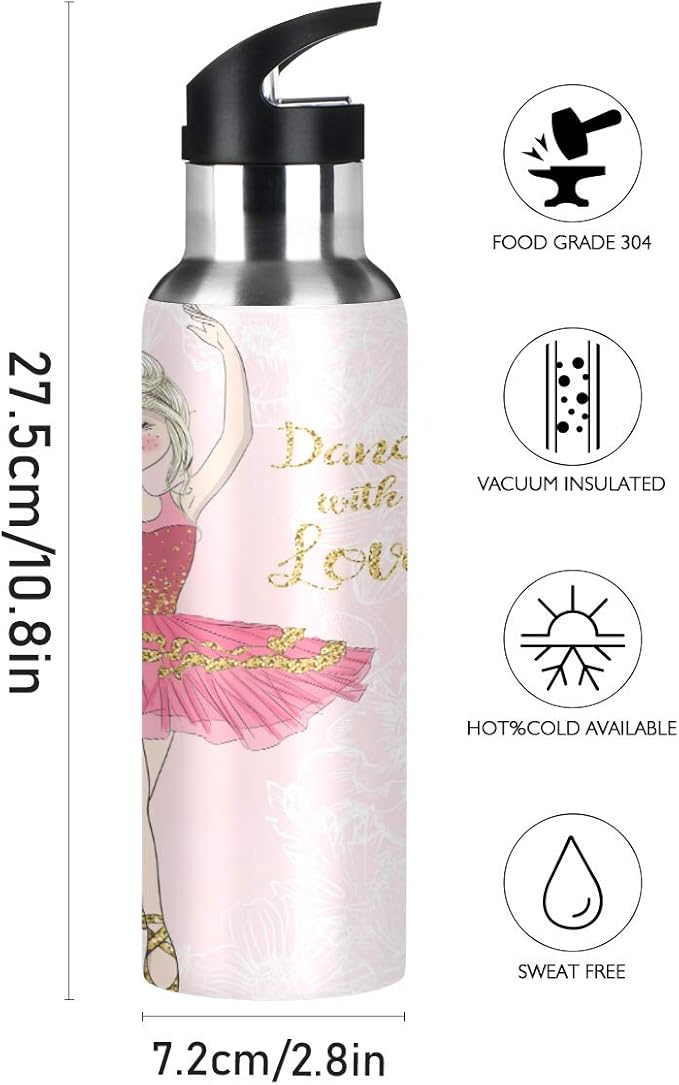 Blueangle Lovely Ballerina Girl Sports Water Bottle, 22 Oz BPA Free Non-Toxic Stainless Steel Water Bottle with Straw for Gym Yoga Fitness Camping