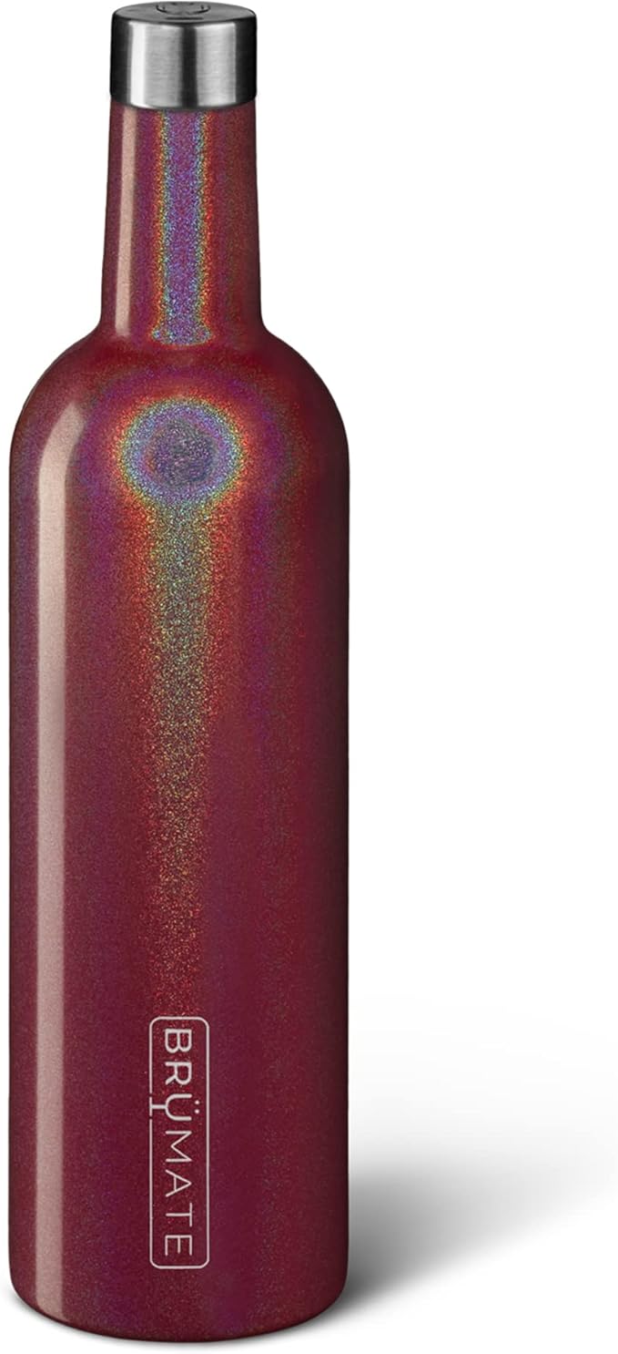 BrüMate Winesulator 25 Oz Triple-Walled Insulated Wine Canteen Made Of Stainless Steel, 24-hour Temperature Retention, Shatterproof, Comes With Matching Silicone Funnel (Glitter Merlot)